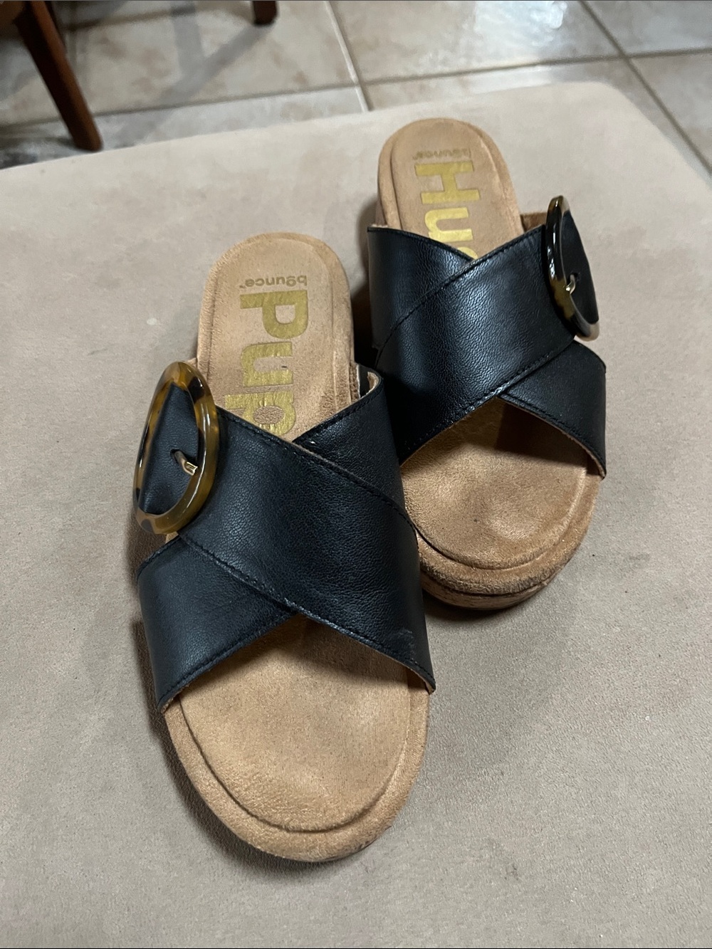 Hush Puppies Black Cross-Band Slide Mules with Tortoise Buckle